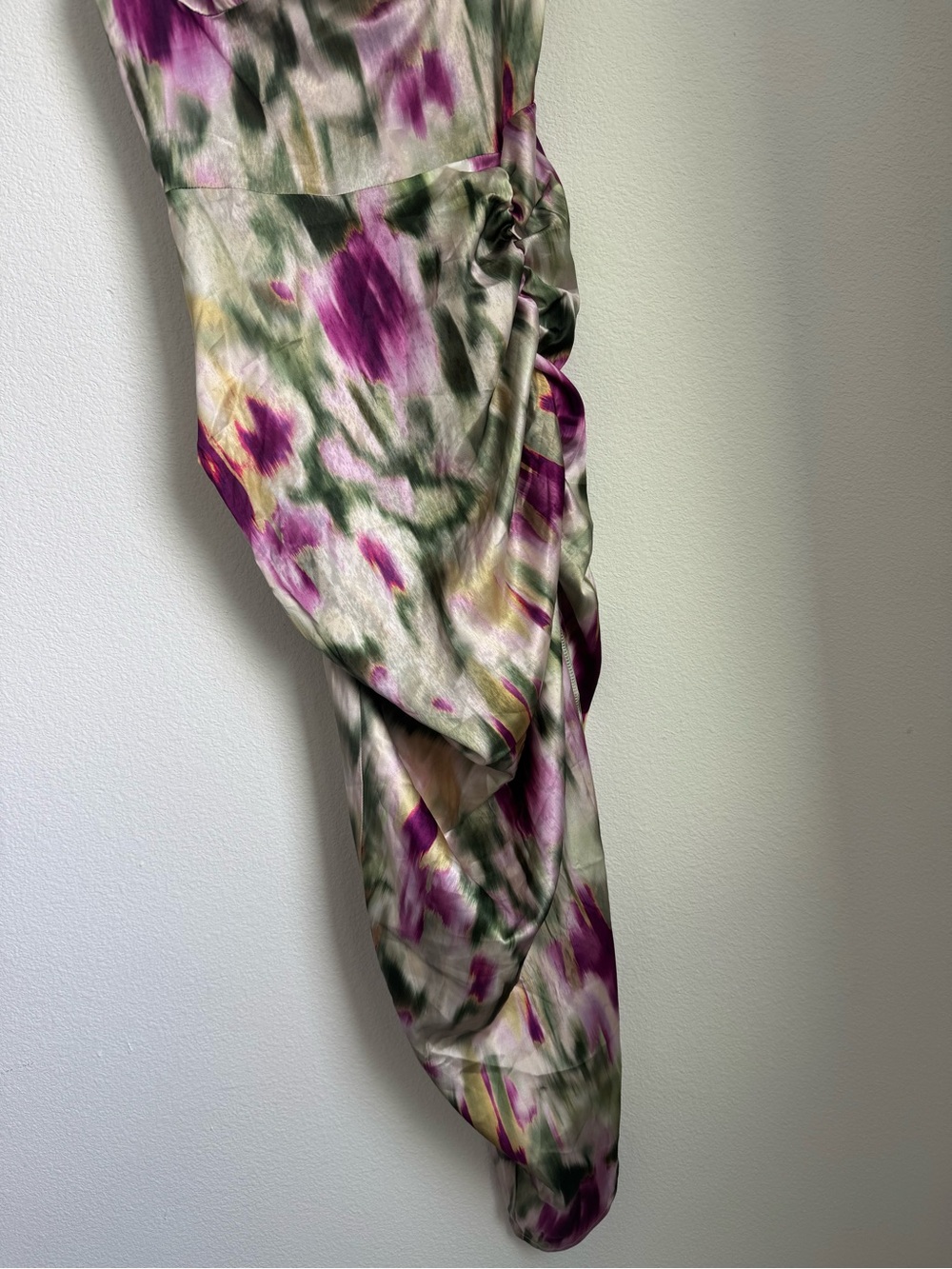 Cider Green and Pink Watercolor Ruched Midi Dress - Picture 3 of 6